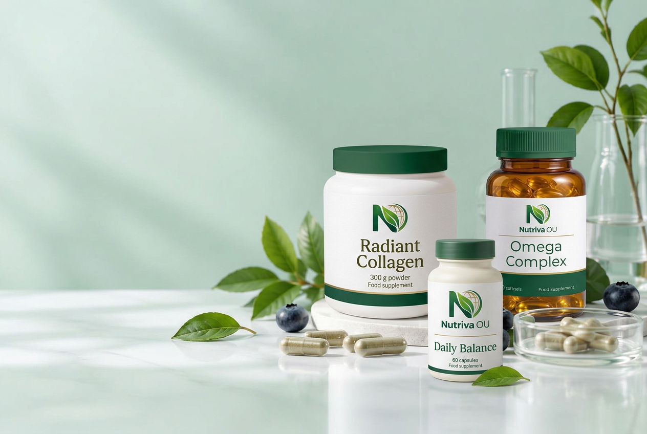Nutriva branded Daily Balance, Omega Complex and Radiant Collagen packaging with botanical leaves